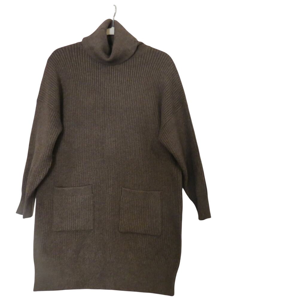 Mango MNG Sweater Tunic S Brown Turtleneck Longline Pockets NWT